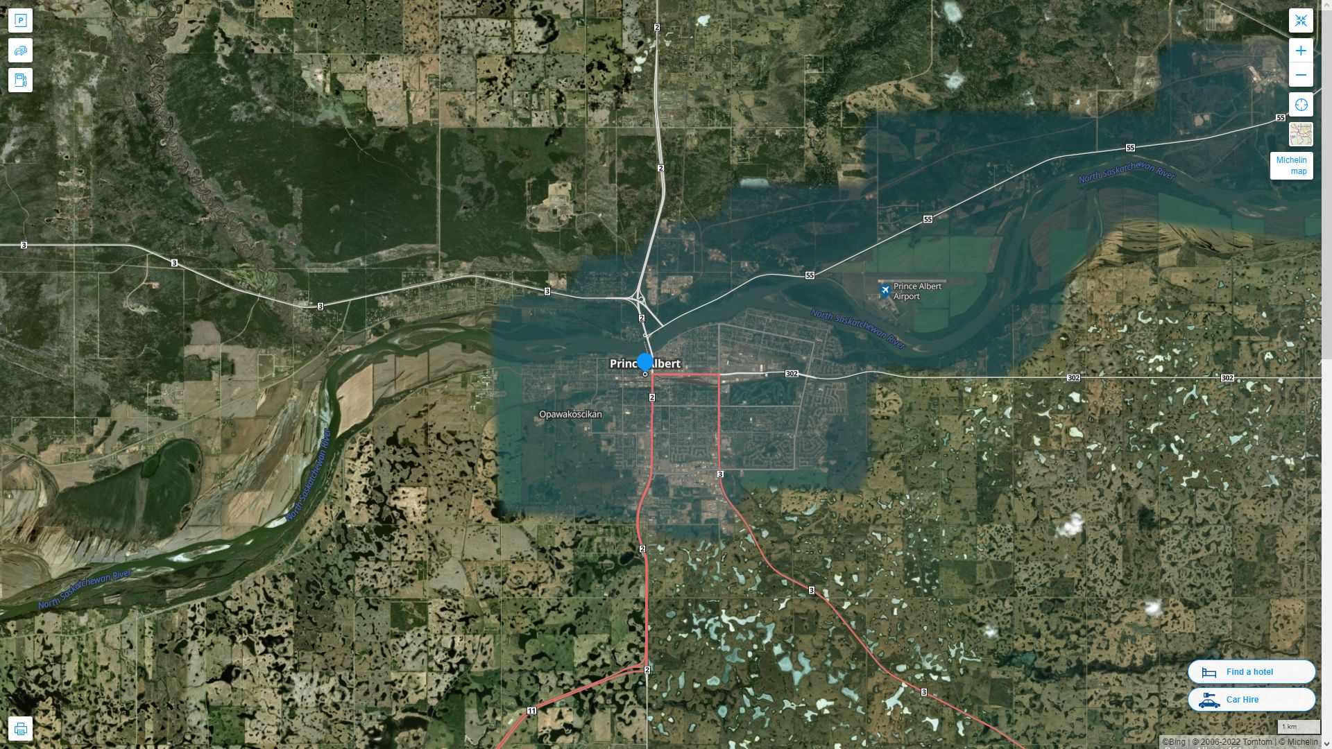 Prince Albert Canada Autoroute et carte routiere avec vue satellite
